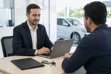 Despachante apresentando o processo de licenciamento de veículos a um cliente, com computadores em uso.