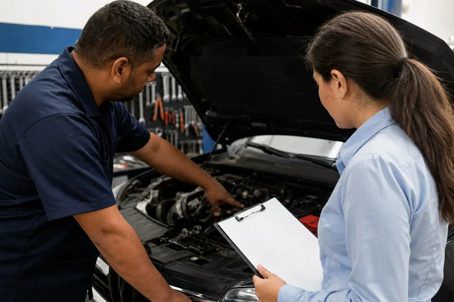 Despachante explicando o cadastro de motor a um cliente, com documentos relevantes à disposição.