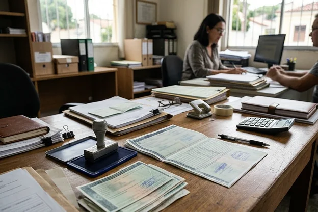 Documentos necessários para a regularização de veículos dispostos em uma mesa, com canetas e laptop ao fundo.